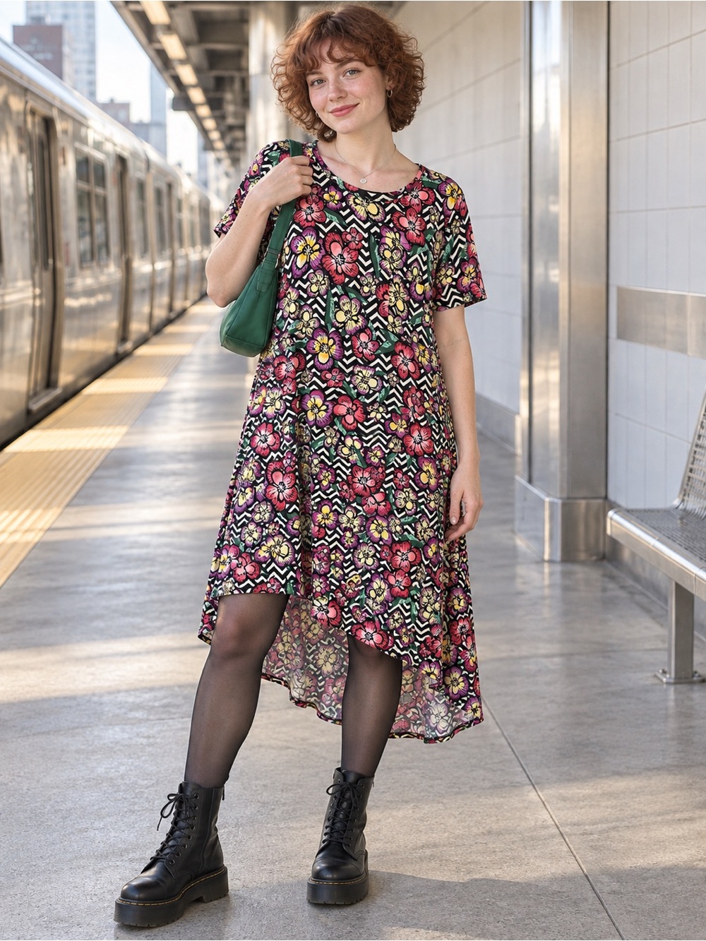 LuLaRoe Floral High-Low Dress in Pink, Green, Yellow